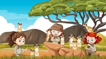 Children with meerkats in savanna forest vector