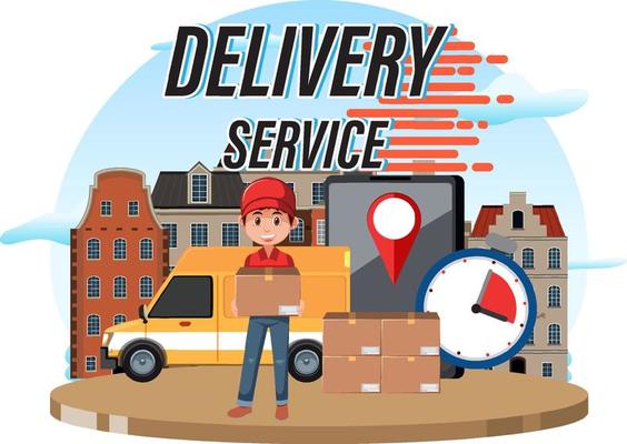 Delivery Service logotype with courier in cartoon style