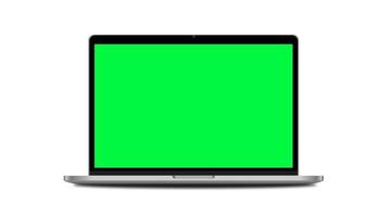 Laptop mockup with green screen, front view, isolated on white background. 4K animation video