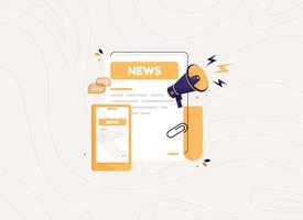 Newspaper with news with megaphone and phone. Daily or weekly breaking news. Sheets of paper with header and digital news. Flat design icon in cartoon style. Yellow press vector