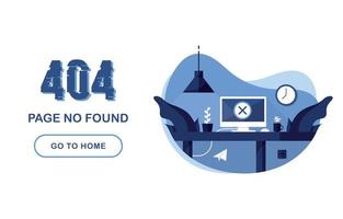 Página de error 404 no encontrada. ir a la pancarta de inicio. error del sistema, página rota. interior con computadora y escritorio. para sitio web informe de problemas azul y blanco. eps 10 vector