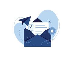 Vector banner illustration of email marketing and message concept. Letter, sheet in an envelope, checkmark. Sending application. Receive News. Filled document. Alert and bell. Blue and White