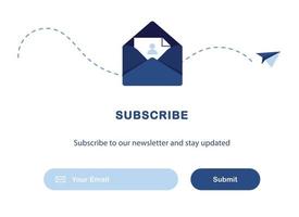 Vector banner illustration of email marketing. Subscription to newsletter, news, offers, promotions. A letter in an envelope. Buttons template. Subscribe, submit. Send by mail. Blue and White. Eps 10