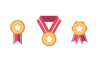 Vector illustration of set of awards. First place icon, victory. Medal with ribbon and medallion on the neck. Good result. Gold Medallion. Red and Yellow