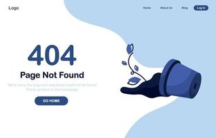 Vector illustration 404 error page not found. Go to home banner. System error, broken page. Shattered pot with flower and soil. For website. Web Template. Blue