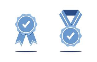 Vector illustration of set of awards. Approved medal or certified. First place icon, victory. Medal with ribbon and medallion on the neck. Checkmark, confirmation. Good result. Blue and White