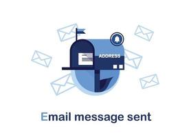 Vector banner illustration of email marketing. Subscription to newsletter, news, offers, promotions. Mailbox with a letter and envelope. Sending to the recipient address. Message sent