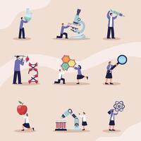 nine scientist with laboratory icons vector