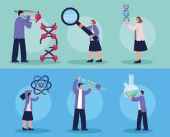 six scientist with laboratory icons vector