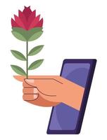 hand with flower in smartphone vector