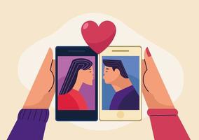 hands with lovers in smartphones vector