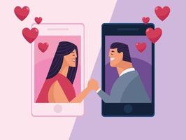 couple and hearts in smartphones vector