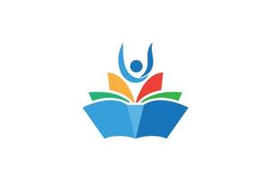 logotipo de educación con libro y objeto de elemento humano, aprendizaje feliz, diseño de vectores creativos