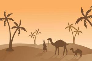 fondo islámico de camellos y personas, papel tapiz ilustrativo, festividad de eid al adha, paisaje hermoso, palmera, desierto de arena, gráfico vectorial vector