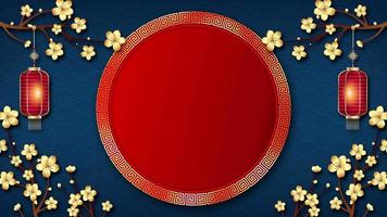 Chinese new year background with empty circle frame, Cherry blossom flowers and hanging lanterns on oriental wave pattern video