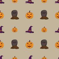 pumpkin character seamless pattern headstone halloween ornament object holiday event background design vector graphic, wrapping paper, decorative beautiful colorful wallpaper