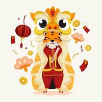 Flat design of cute tiger character wearing lion dance costume vector