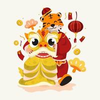 Cute tiger character and lion dance costume design vector