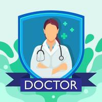 escudo y doctora con fondo de líquidos, ilustración de vector de diseño de logotipo