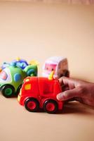 colorful plastic toys on blue background photo