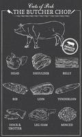 Cuts of pork diagram part of pork cut of meat set. Poster Butcher diagram vintage typographic handdrawn. Vector illustration on black