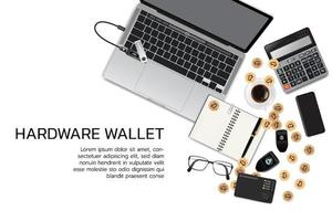 Crypto currency technology concept Hardware cryptocurrency wallet connect to laptop realistic Isolated flat vector top view