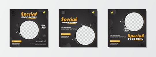 Food menu template collection for social media post promotion. Editable design with dark background. vector