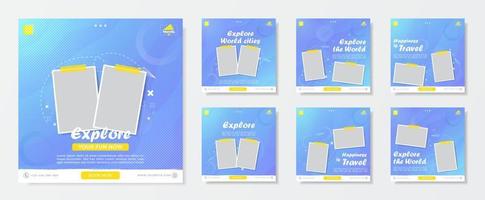 Explore and travel template design for social media post. Collection template with blue background vector