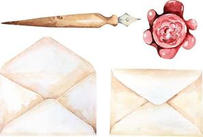 antique ink pen and envelopes and wax sealing for envelopes paint drawing watercolor 1 vector