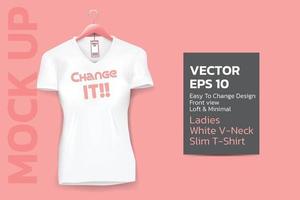 Female white v-neck slim T-shirt mock up on the living coral pink background.
