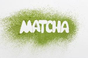 Matcha word by powdered matcha green tea. healthy drinks concept. energy boosting beverages. photo