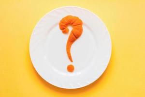question mark on white plate. FAQ concept. what to cook today question.