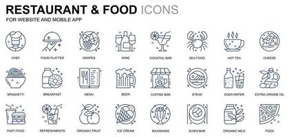 Simple Set Restaurant and Food Line Icons for Website and Mobile Apps. Contains such Icons as Fast Food, Menu, Organic Fruit, Coffee Bar. Conceptual color line icon. Vector pictogram pack.