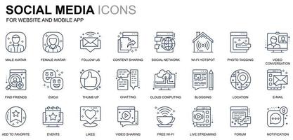 conjunto simple de iconos de línea de red y redes sociales para sitios web y aplicaciones móviles. contiene íconos como avatar, emoji, chat, me gusta. icono de línea de color conceptual. paquete de pictogramas vectoriales. vector