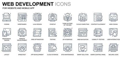 conjunto simple de iconos de línea de desarrollo y diseño web para sitios web y aplicaciones móviles. contiene íconos como codificación, desarrollo de aplicaciones, usabilidad. icono de línea de color conceptual. paquete de pictogramas vectoriales. vector