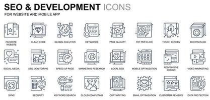 Simple Set Seo and Development Line Icons for Website and Mobile Apps. Contains such Icons as Clean Code, Data Protection, Monitoring. Conceptual color line icon. Vector pictogram pack.