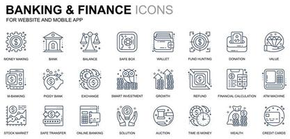 Simple Set Banking and Finance Line Icons for Website and Mobile Apps. Contains such Icons as Balance, E-Banking, Auction, Financial Growth. Conceptual color line icon. Vector pictogram pack.