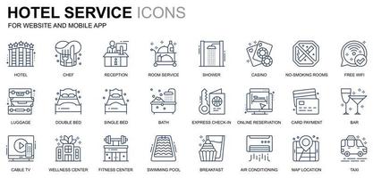 conjunto simple de iconos de línea de servicios de hotel para sitios web y aplicaciones móviles. contiene íconos como equipaje, recepción, servicios de habitaciones, gimnasio. icono de línea de color conceptual. paquete de pictogramas vectoriales.