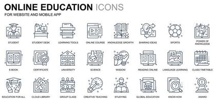 conjunto simple de iconos de línea de educación y conocimiento para sitios web y aplicaciones móviles. contiene íconos como curso en línea, universidad, estudio, libro. icono de línea de color conceptual. paquete de pictogramas vectoriales. vector