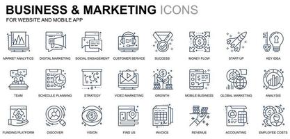 iconos de línea de marketing y negocios de conjunto simple para sitios web y aplicaciones móviles. contiene íconos como visión, misión, planificación, mercado. icono de línea de color conceptual. paquete de pictogramas vectoriales. vector