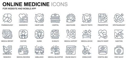 conjunto simple de iconos de línea médica y de atención médica para sitios web y aplicaciones móviles. contiene íconos como ambulancia, primeros auxilios, investigación, hospital. icono de línea de color conceptual. paquete de pictogramas vectoriales. vector