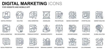 iconos de línea de marketing y negocios de conjunto simple para sitios web y aplicaciones móviles. contiene íconos como estrategia digital, solución global, mercado. icono de línea de color conceptual. paquete de pictogramas vectoriales. vector