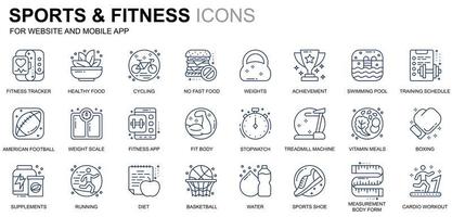 conjunto simple de iconos de línea de deporte y fitness para sitios web y aplicaciones móviles. contiene íconos como cuerpo en forma, natación, aplicación de fitness, suplementos. icono de línea de color conceptual. paquete de pictogramas vectoriales. vector