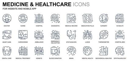 conjunto simple de iconos de línea de atención médica y medicina para sitios web y aplicaciones móviles. contiene íconos como médico, hospital, equipo médico. icono de línea de color conceptual. paquete de pictogramas vectoriales. vector