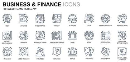 conjunto simple de iconos de línea de negocios y finanzas para sitios web y aplicaciones móviles. contiene íconos como análisis, dinero, contabilidad, estrategia, banco. icono de línea de color conceptual. paquete de pictogramas vectoriales. vector