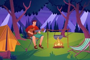 Summer camping concept in flat cartoon design. Man tourist plays guitar while sitting by campfire, outdoors resting in mountain forest with tent. Vector illustration with people scene background