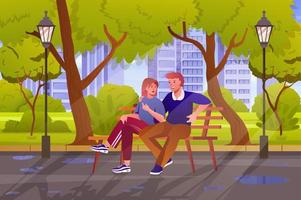 Couple in city garden concept in flat cartoon design. Loving man and woman hugging, talking and sitting on bench in summer city park with green trees. Vector illustration with people scene background
