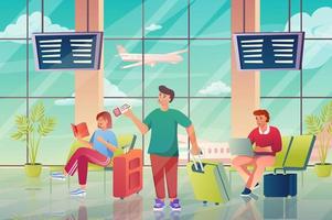 Airport interior with passengers concept in flat cartoon design. Travelers with luggage sitting in waiting hall with huge window with airplane view. Vector illustration with people scene background