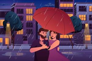 Couple in the rain concept in flat cartoon design. Loving man and woman hugging and walking under umbrella at date in rainy evening at city street. Vector illustration with people scene background