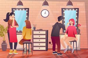 concepto interior de salón de belleza en diseño de dibujos animados planos. la esteticista maquilla a la clienta, la peluquera selecciona el corte de pelo y el peinado para la mujer. ilustración vectorial con fondo de escena de personas vector